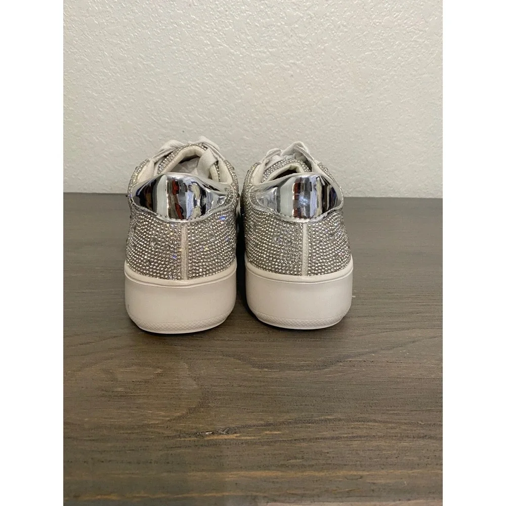 Steve Madden Rhinestone Sneakers Platform White Silver Women 9M‎ S Sparkle Bling